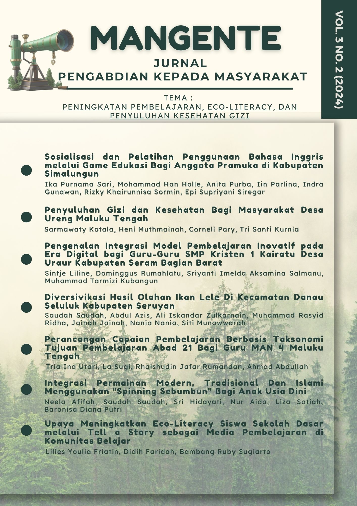 					View Vol. 3 No. 2 (2024): PENINGKATAN PEMBELAJARAN, ECO-LITERACY, DAN PENYULUHAN KESEHATAN GIZI
				